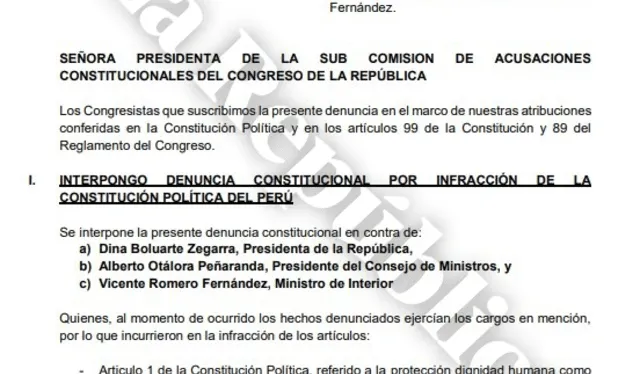Denuncia constitucional contra la presidenta Dina Boluarte, Alberto Otárola y el ministro Vicente Romero   