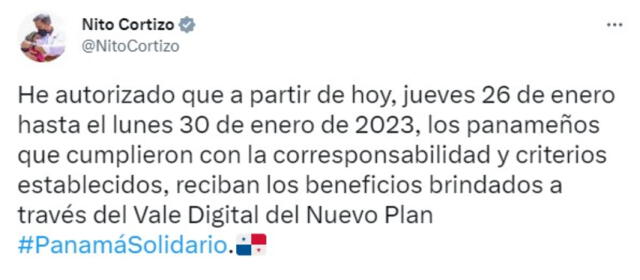 El Vale digital se entregará en Panamá hasta el 30 de enero. Foto: @NitoCortizo/ Twitter   