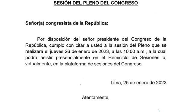 Misiva de José Cevasco a los legisladores. Foto: @Congresoperu/Twitter   