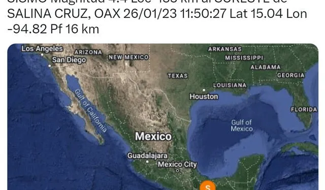  Último temblor ocurrido en México hoy, 26 de enero. Foto: captura Twitter @SismologicoMX    