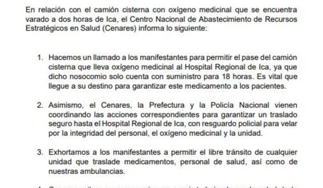 Ministerio de Salud solicita a los manifestantes el pase de la cisterna hacia el hospital de Ica. Foto: Minsa   