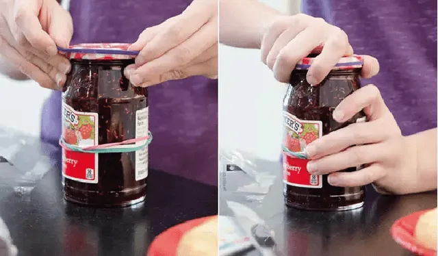Con una liga elástica puedes abrir la tapa de un frasco de vidrio. Foto: Buzzfeed   