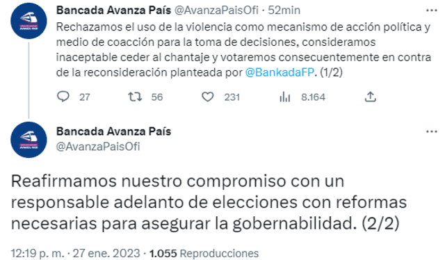 La bancada de Avanza País se pronunció a través de su cuenta de Twitter.   