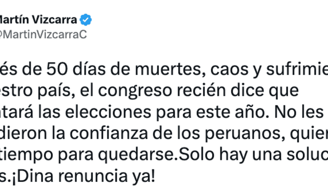 <br>Martín Vizcarra señaló que la única salida a la crisis se dará con la renuncia de Dina Boluarte. Foto: captura de Twitter.    