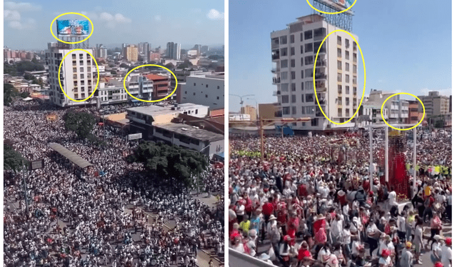 <br>Comparación entre el video viral en Facebook (izquierda) y el de la peregrinación de la Virgen Divina Pastora (derecha). Foto: composición LR/capturas de Twitter y Facebook   