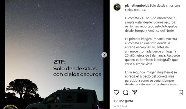 Información importante sobre el cometa verde. Foto: Planeario Humdolt   