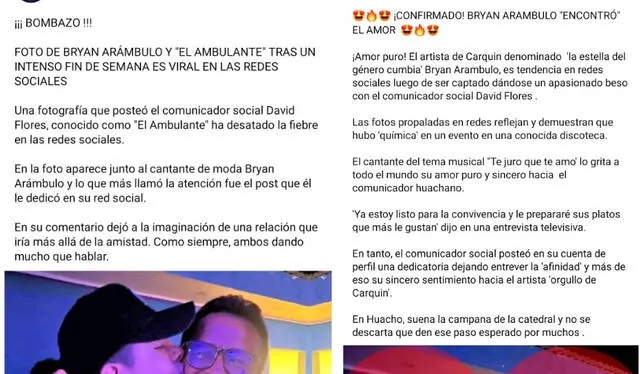  El portal Noticias de Huacho insinuó que Bryan Arámbulo estaba en una relación. Foto: captura Noticias de Huacho/Facebook    