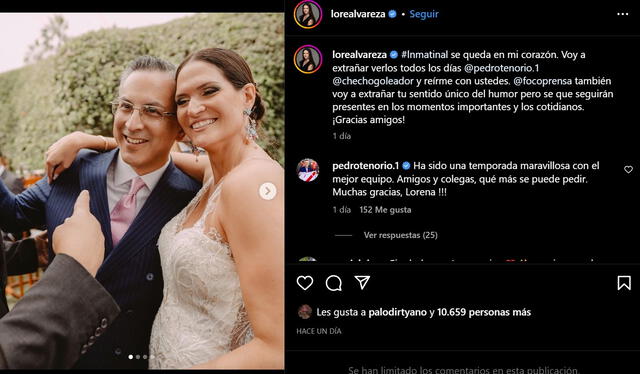  Lorena Álvarez se despidió de su compañero Pedro Tenorio. Foto: captura de Instagram/Lorena Álvarez   