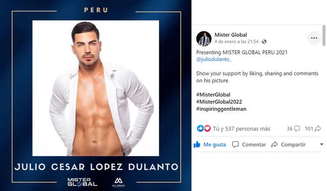  Se puedo votar por el mister Global Perú, Julio Dulanto, a través de la página de Mister Global. Foto: captura de Facebook/competencia 