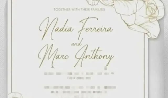  La tarjeta de invitación de Marc Anthony y Nadia Ferreira. Foto: TMZ   