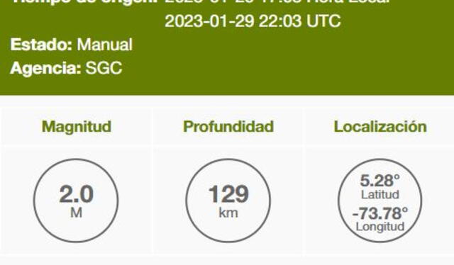  Reporte del último sismo en Colombia. Foto: SGC.<br><br>