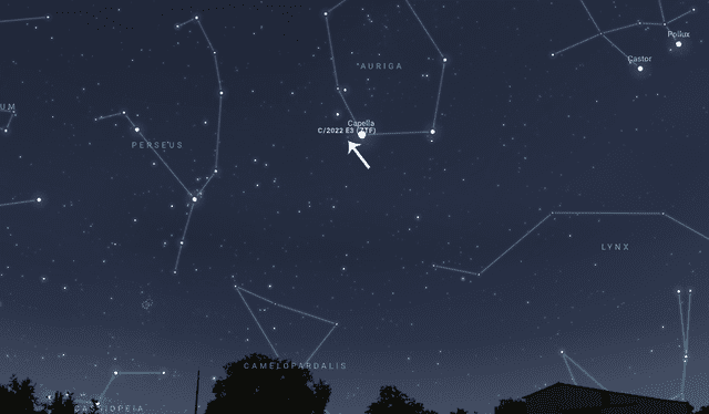  Ubicación del cometa verde el 5 de febrero a las 8 p. m. Imagen: Stellarium.    