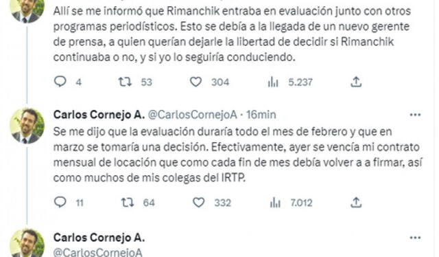  Carlos Cornejo realizó un hilo en Twitter sobre su situación en TV Perú. Foto. Twitter 