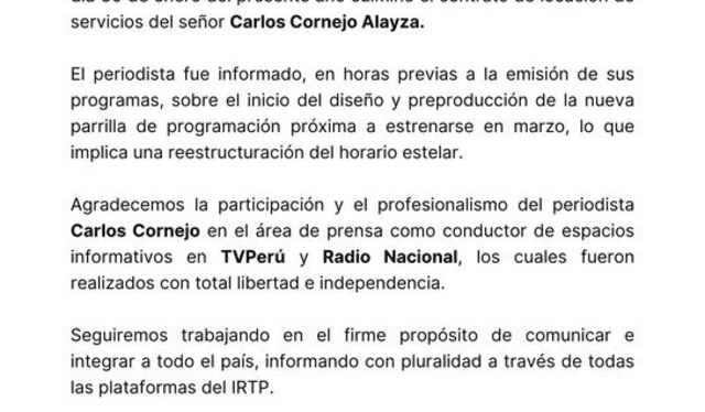  IRTP se pronuncia ante el retiro de Carlos Cornejo de Canal N. Foto: IRTP    
