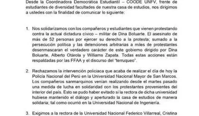 Carta abierta de los estudiantes de la UNFV para la rectora de esta casa de estudios. Foto: COODE   