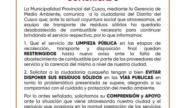 Pronunciamiento de la Municipalidad Provincial del Cusco. Foto: MPC   