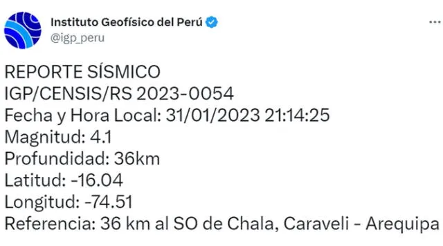 Datos del sismo en Arequipa. Foto: IGP   