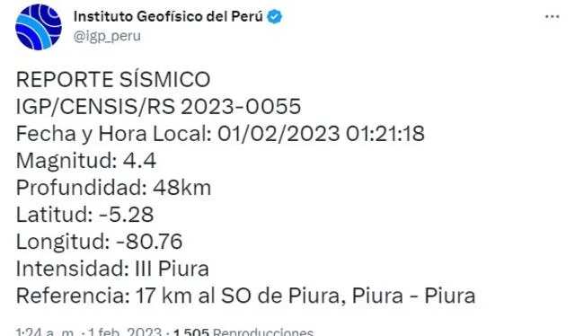 Datos del sismo en Piura. Foto: IGP   