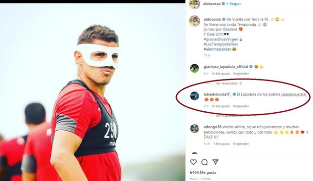 Aldo Corzo usando una máscara protectora debido a su lesión maxilar. Foto: Instagram.   