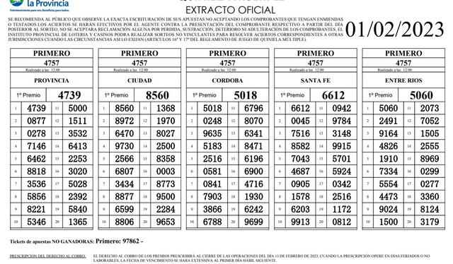 Extracto oficial de la Quiniela Primera de hoy, 1 de febrero. Foto: Lotería de la Provincia   