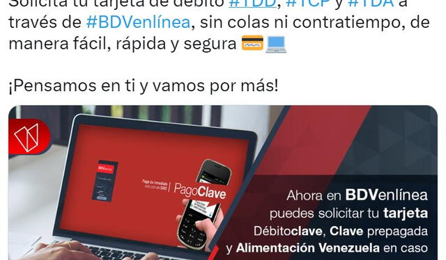 Puedes solicitar tu tarjeta de débito a través del BDVenlínea. Foto: @BcodeVenezuela/ Twitter   
