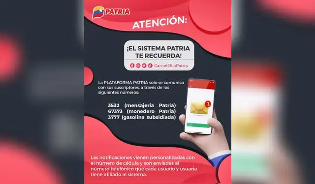 La plataforma Patria se comunica con los usuarios a través del número 3532. Foto: Carnet de la Patria 