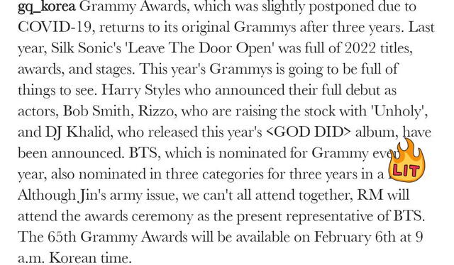 GQ Korea sobre la participación de Namjoon en los Grammy 2023. Foto: Twitter/@NamjoonFanbase   