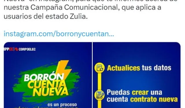  Corpoelec informa del Plan Borrón y Cuenta Nueva para clientes de Zulia. Foto: CorpoelecInfo/Twitter   