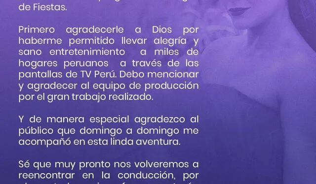  2/2/2023 | Comunicado de Cielo Torres anunciando su salida de "Domingo de Fiesta". Foto: Instagram   