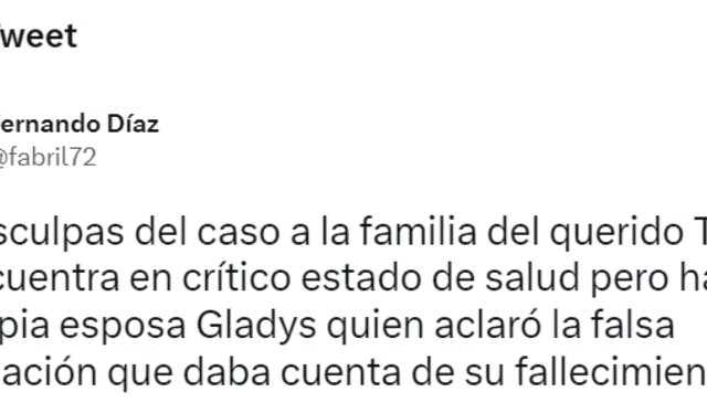  Fernando Díaz se mostró arrepentido con la familia de Tongo. Foto: Twitter/Fernando Díaz    