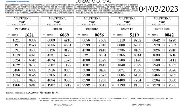  Extracto oficial de la Quiniela Matutina del 4 de febrero de 2023. Foto: Lotería de la Provincia    