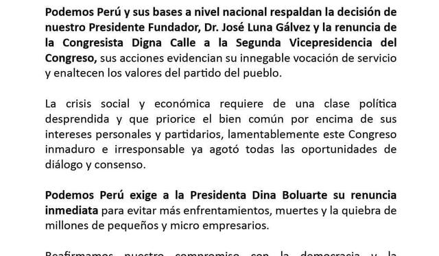  Podemos Perú, a través de José Luna Morales, volvió a pedir la renuncia de Dina Boluarte. Foto: documento.    