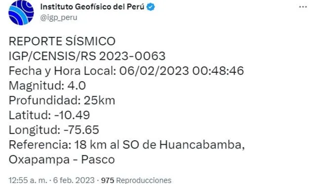 Datos del sismo en Pasco. Foto: IGP   
