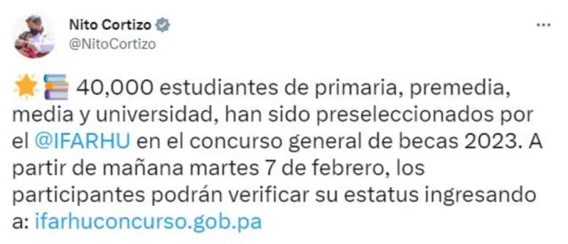 El presidente de Panamá anunció la cantidad oficial de los estudiantes preseleccionados para las becas de Ifarhu. Foto: Twitter/NitoCortizo   