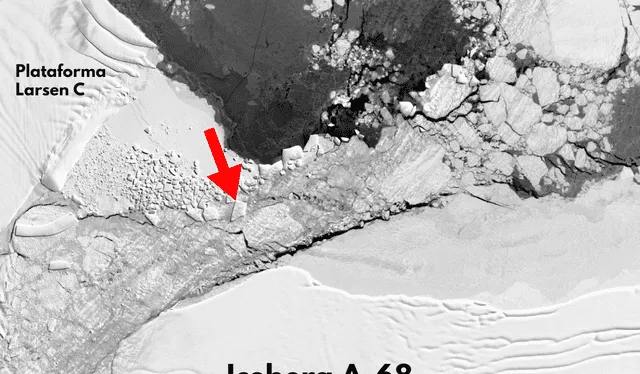 Ubicación del iceberg rectangular en imágenes satelitales del 2018. Foto: composición La República / NASA 