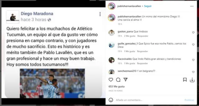  Maradona realizó esta publicación luego que el equipo de Lavallén clasifique a la Fase de Grupos de la Copa Libertadores 2017. Foto: Instagram    