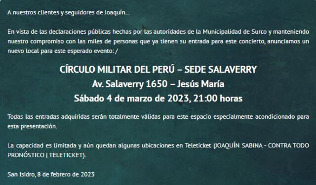 Comunicado de concierto. Foto: Teleticket Comunicado de concierto. Foto: Teleticket