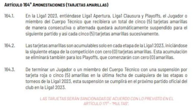 Esto dicen las Bases de la Liga 1 2023 sobre las amonestaciones. Foto: captura Reglamento 2023   