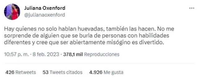  Juliana Oxenford critica el ampay de Ricardo Mendoza. Foto: Juliana Oxenford/Twitter   