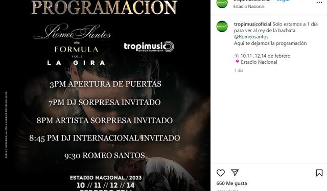  El cronograma oficial para los conciertos de Romeo Santos. Foto: Instagram   