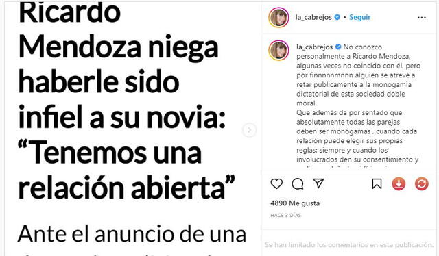  Publicación de Mónica Cabrejos. Foto: captura/Instagram    