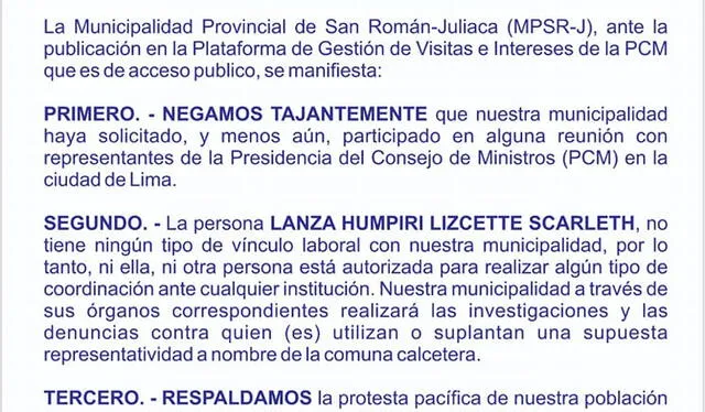  Pronunciamiento de la Municipalidad Provincial de Juliaca. Foto: difusión<br><br>  