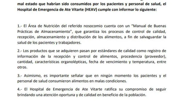  Hospital de Emergencia Lima Este emite comunicado ante denuncia de carne en mal estado. Imagen: Comunicado de HEAV    