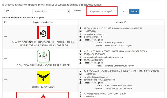 El APRA todavía figura en la lista de partidos de "proceso de inscripción" en el ROP del JNE. Foto: captura/ROP   