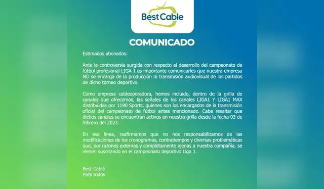 Comunicado de la señal de cable. Foto: Best Cable Comunicado de la señal de cable. Foto: Best Cable