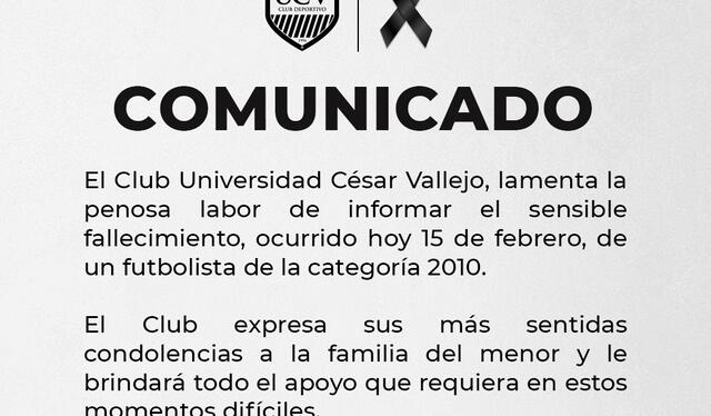 Comunicado oficial del club trujillano en el que confirma el fallecimiento del menor. Foto: UCV   