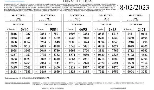  Extracto oficial de la Quiniela La Matutina de hoy, 18 de febrero de 2023. Foto: Lotería de la Provincia   