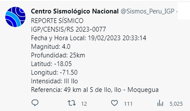 Datos del temblor en Moquegua. Foto: IGP   