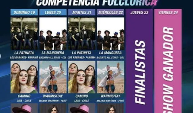 Los horarios de los artistas que compiten en la categoría folclórica. Foto: Instagram 