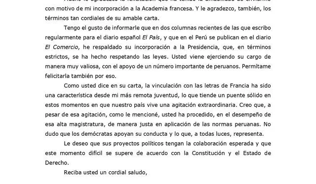 Carta enviado por MVLL a Dina Boluarte, en respaldo a su Gobierno. Foto: Presidencia    